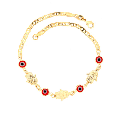 Introducing the Red Evil Eye Hamsa Hand Charm Anklet, crafted with 14k gold-filled mariner links. This anklet features alternating hamsa hand charms and striking red-eye symbols, offering spiritual protection. The intricate design is secured with a lobster clasp closure and exudes plenty of symbolism in its shiny, polished finish.